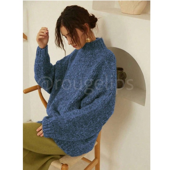 Blue Knit Oversized Pullover Turtleneck Sweater Stretchy - Picture 1 of 10